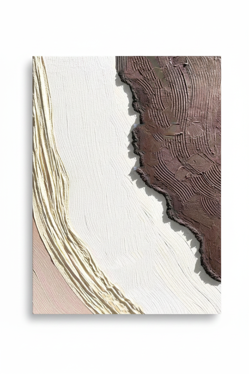 Abstract white chocolate brown island impasto oil painting no frame white background