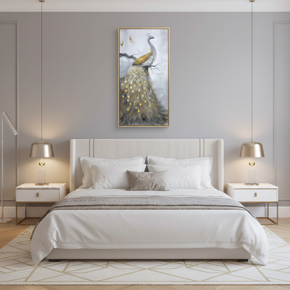 White silver gold peacock oil painting in a luxurious grey-white bedroom