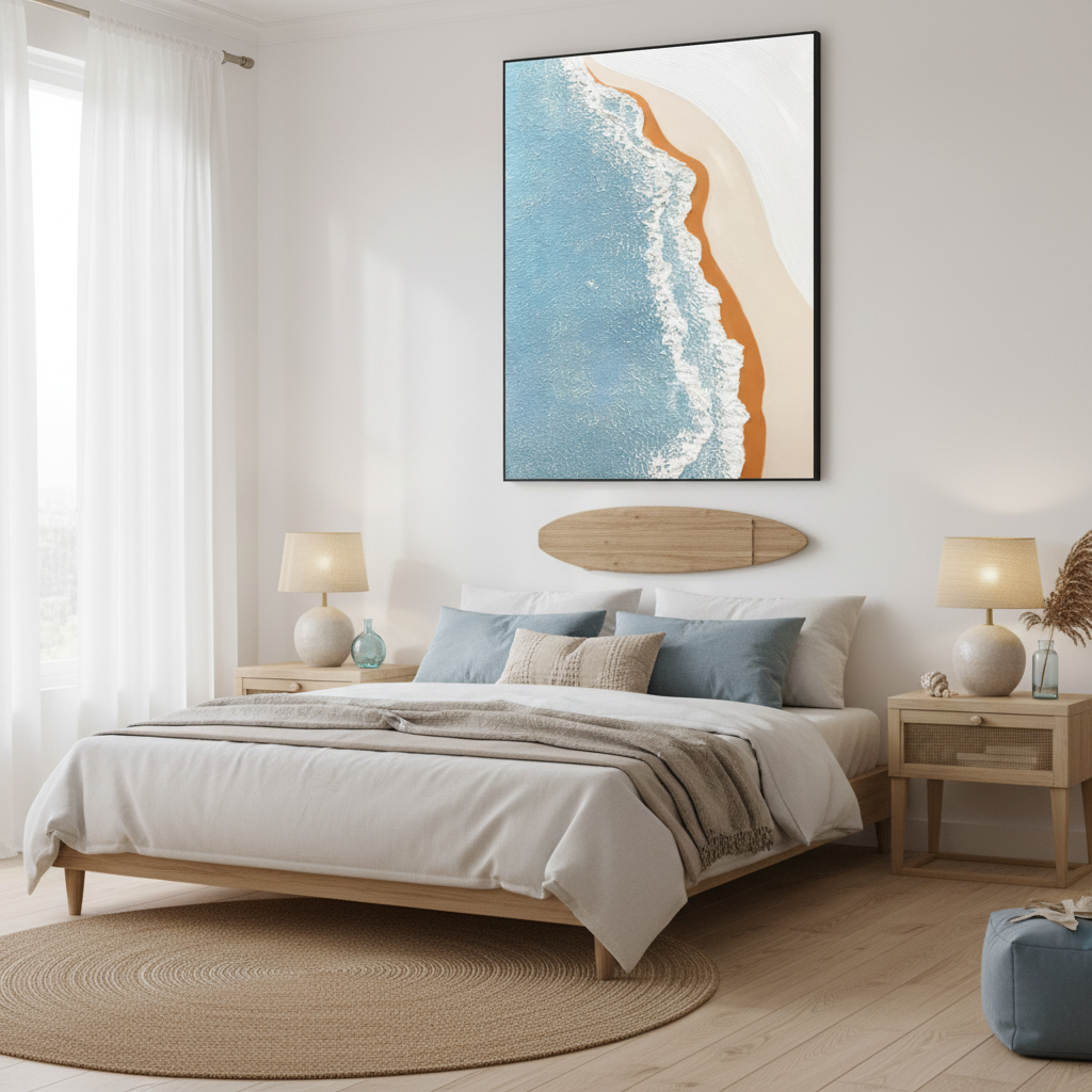 Aerial beach oil painting in a coastal bedroom