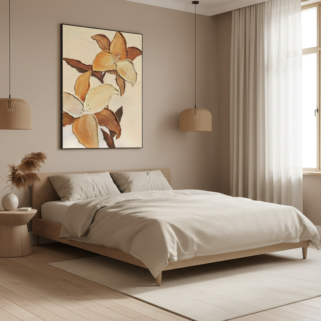 Caramel cream magnolia branch oil painting in a Japandi bedroom