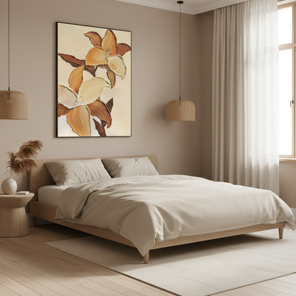 Caramel cream magnolia branch oil painting in a Japandi bedroom