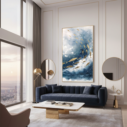 Golden fish school ocean oil painting in a luxury navy living room