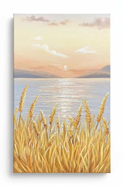 Golden reed lakeside sunset oil painting no frame white background