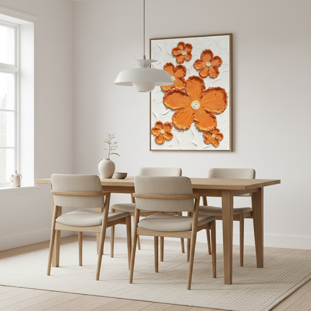 Orange sculptural flower scatter oil painting in a Scandinavian dining room