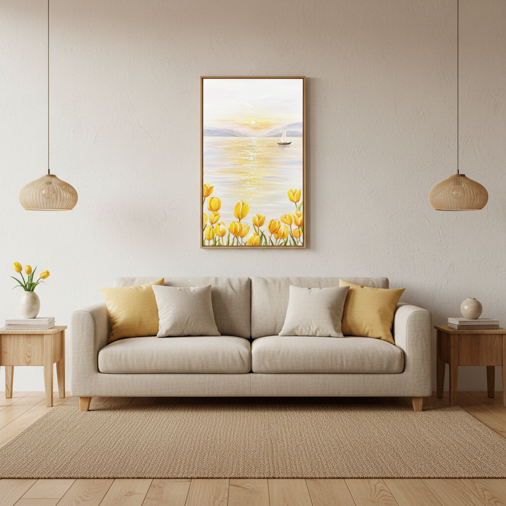 Yellow tulip lakeside sailboat sunrise oil painting in a Japandi living room