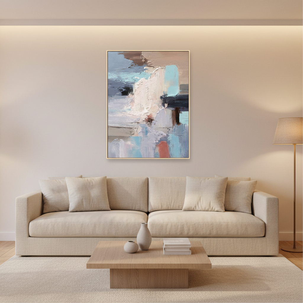Abstract cream blue coral geometric oil painting in a warm modern living room