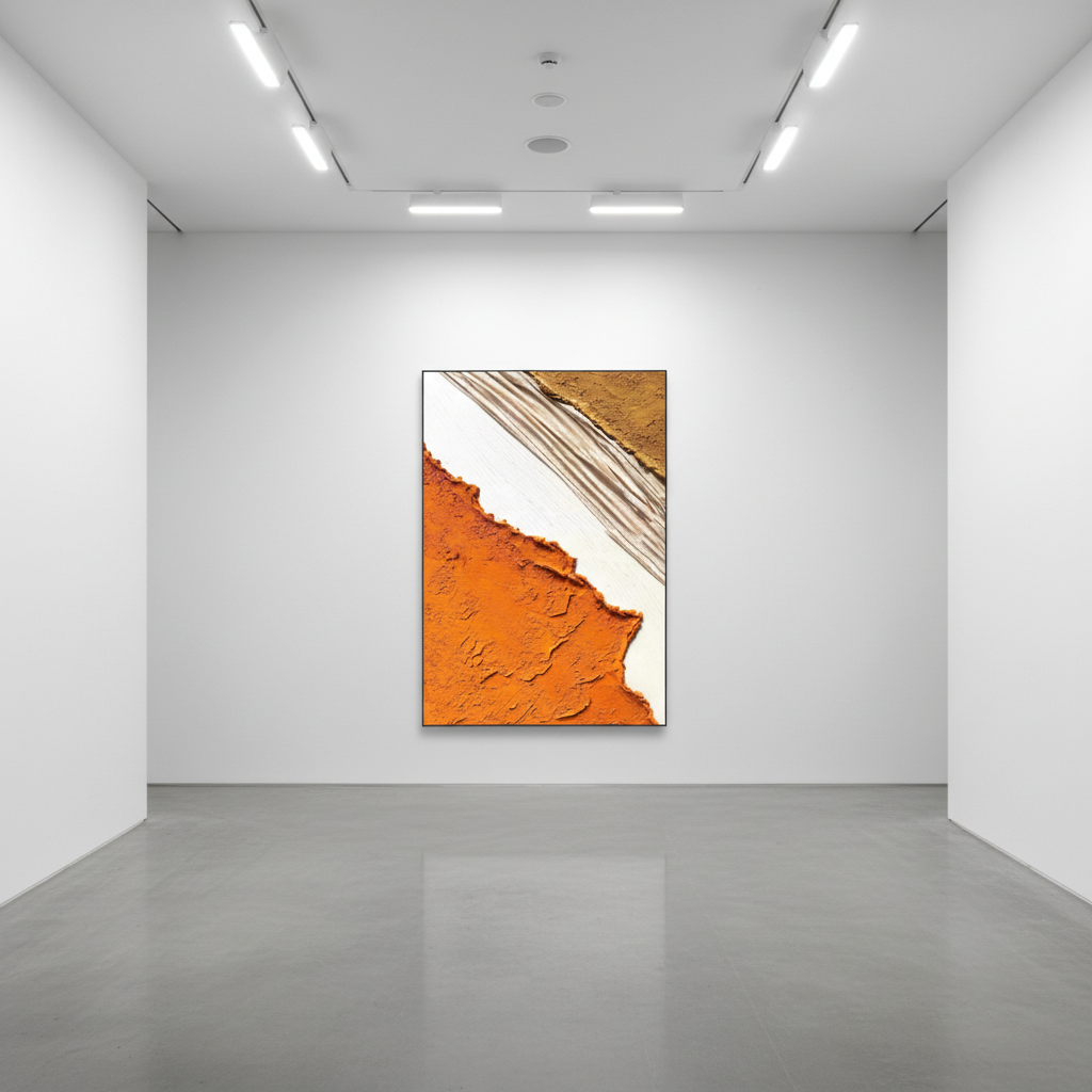 Abstract desert cut oil painting in an art gallery