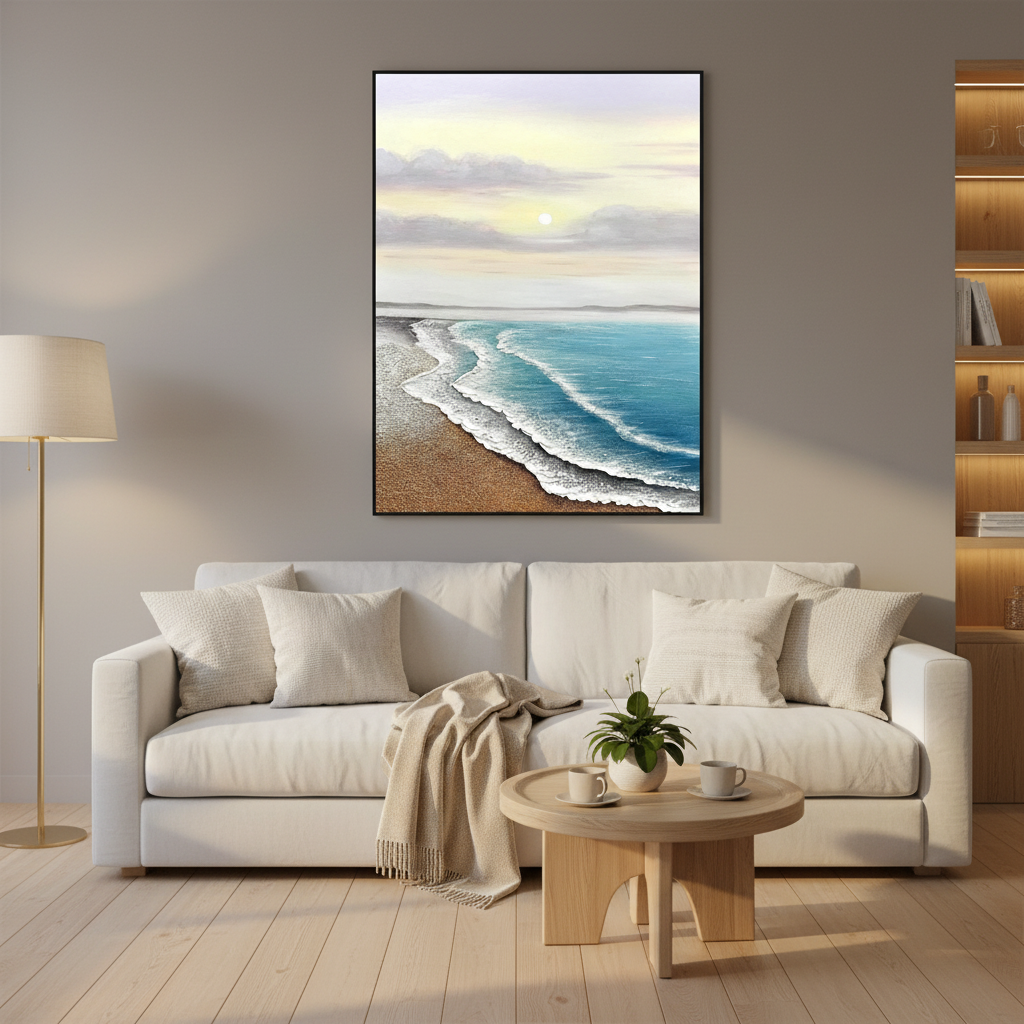Sunrise beach oil painting in a Scandinavian living room