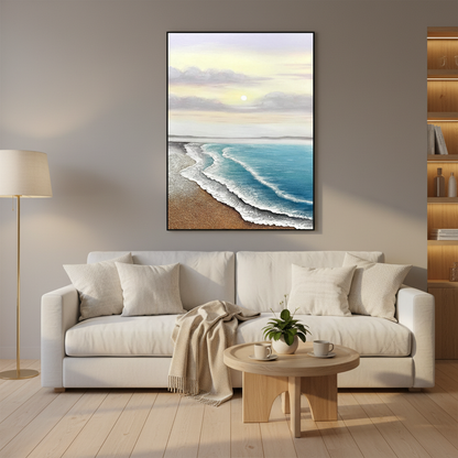 Sunrise beach oil painting in a Scandinavian living room
