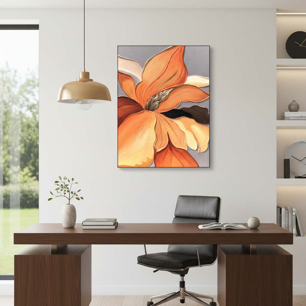 Orange iris flower oil painting in a contemporary home office