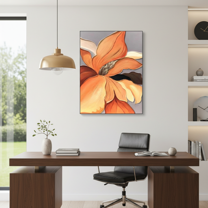 Orange iris flower oil painting in a contemporary home office