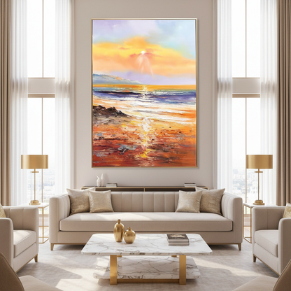 Golden sunset beach oil painting in a luxury modern living room