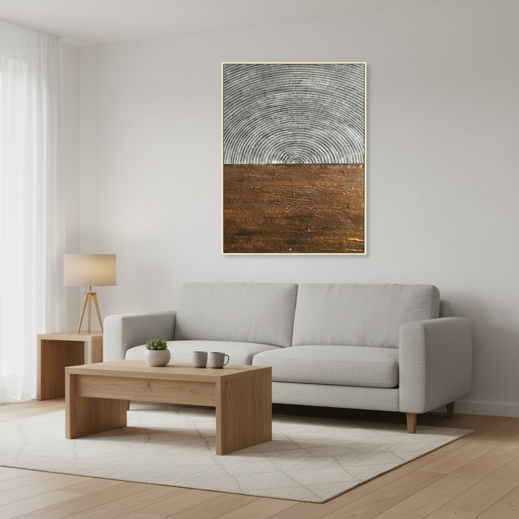 Abstract silver grey dome copper brown earth oil painting in a Scandinavian living room