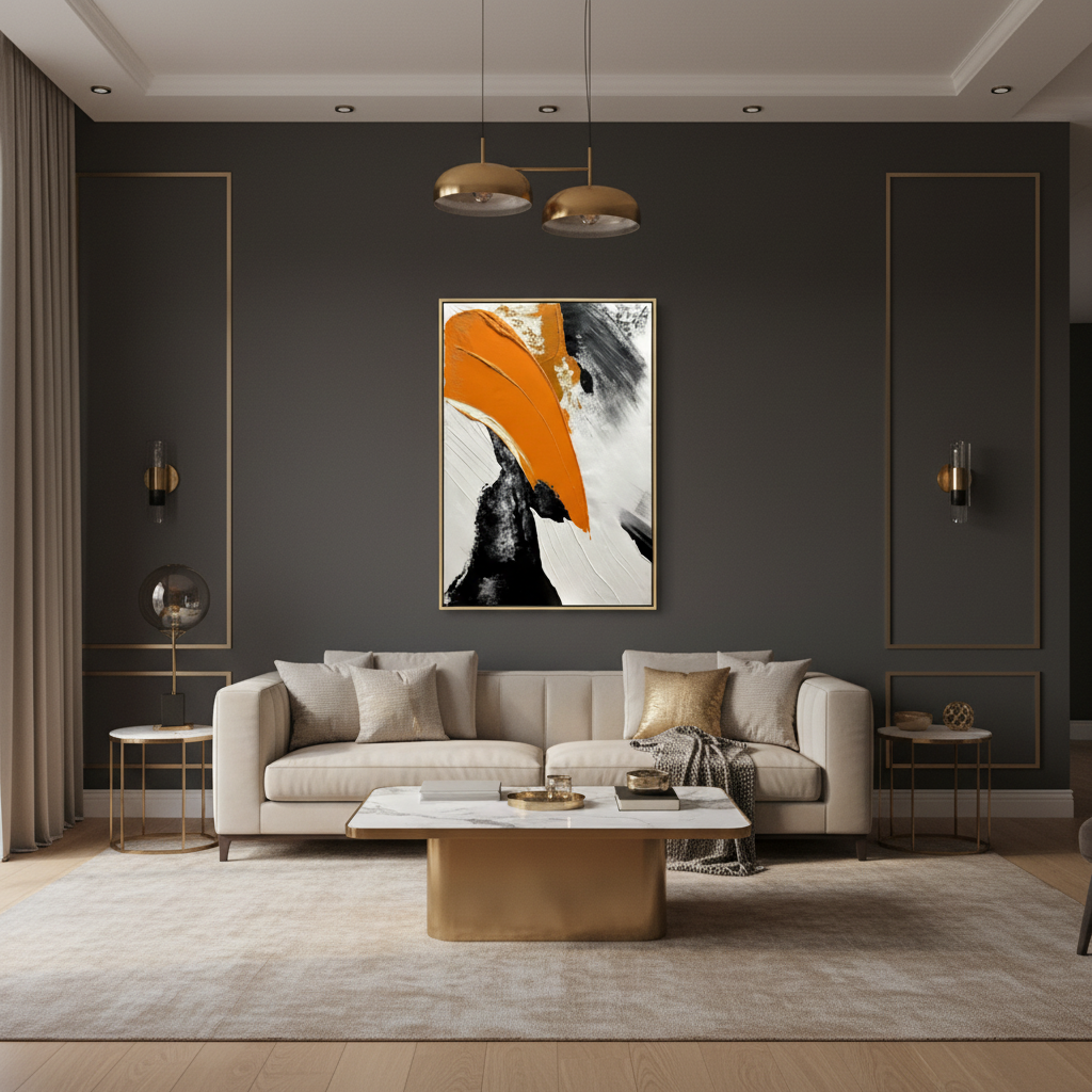 Abstract orange black arc oil painting in a luxury dark living room