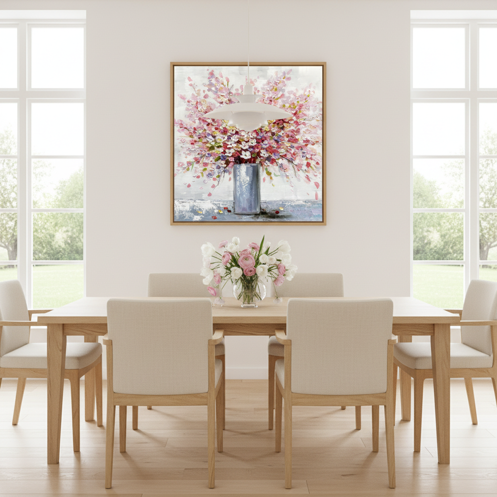 Pink cherry blossom vase oil painting in a Scandinavian dining room