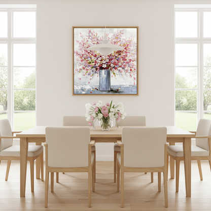Pink cherry blossom vase oil painting in a Scandinavian dining room