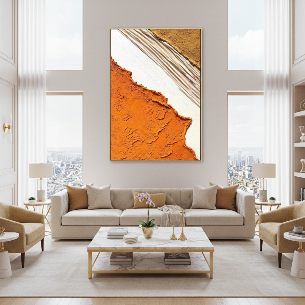 Abstract desert cut oil painting in a luxury modern living room