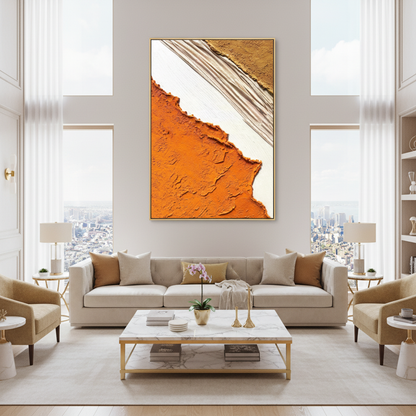 Abstract desert cut oil painting in a luxury modern living room