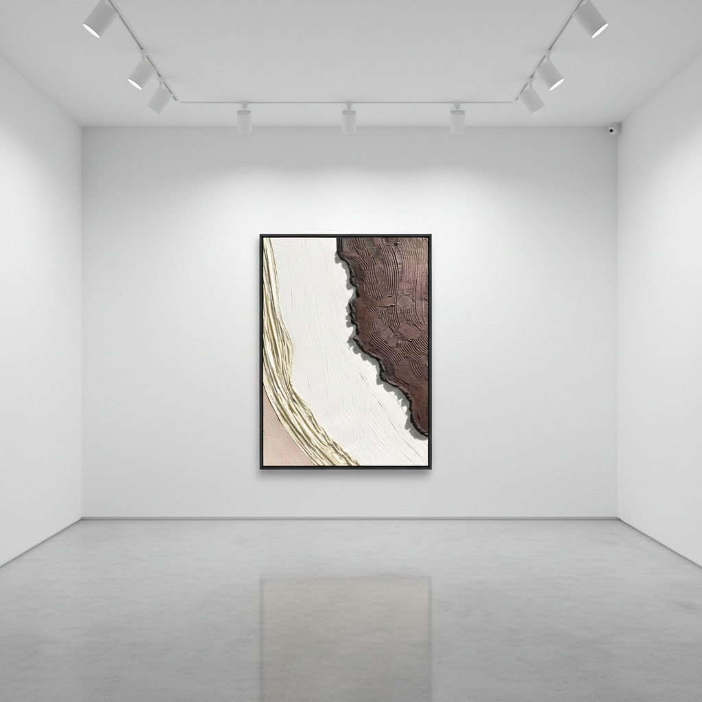 Abstract white chocolate brown tectonic oil painting in an art gallery