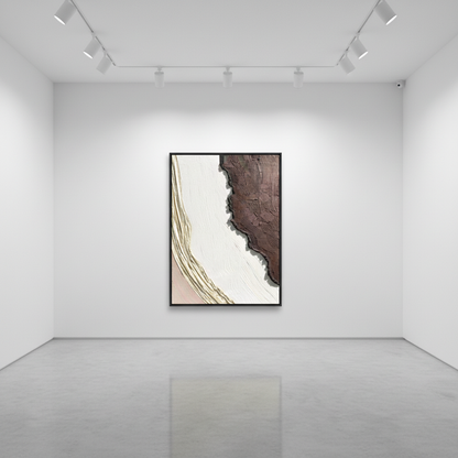 Abstract white chocolate brown tectonic oil painting in an art gallery