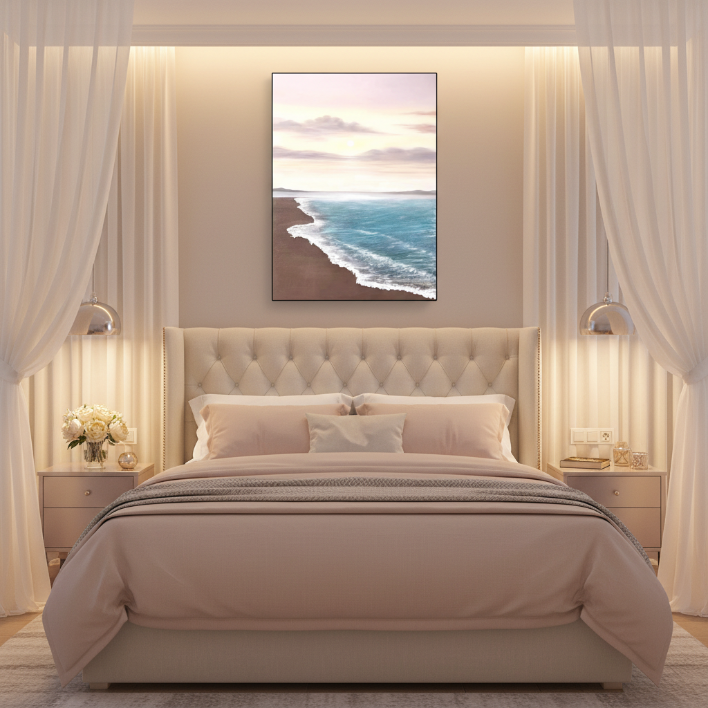 Sunset beach oil painting in a romantic bedroom