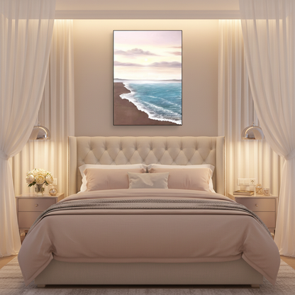 Sunset beach oil painting in a romantic bedroom