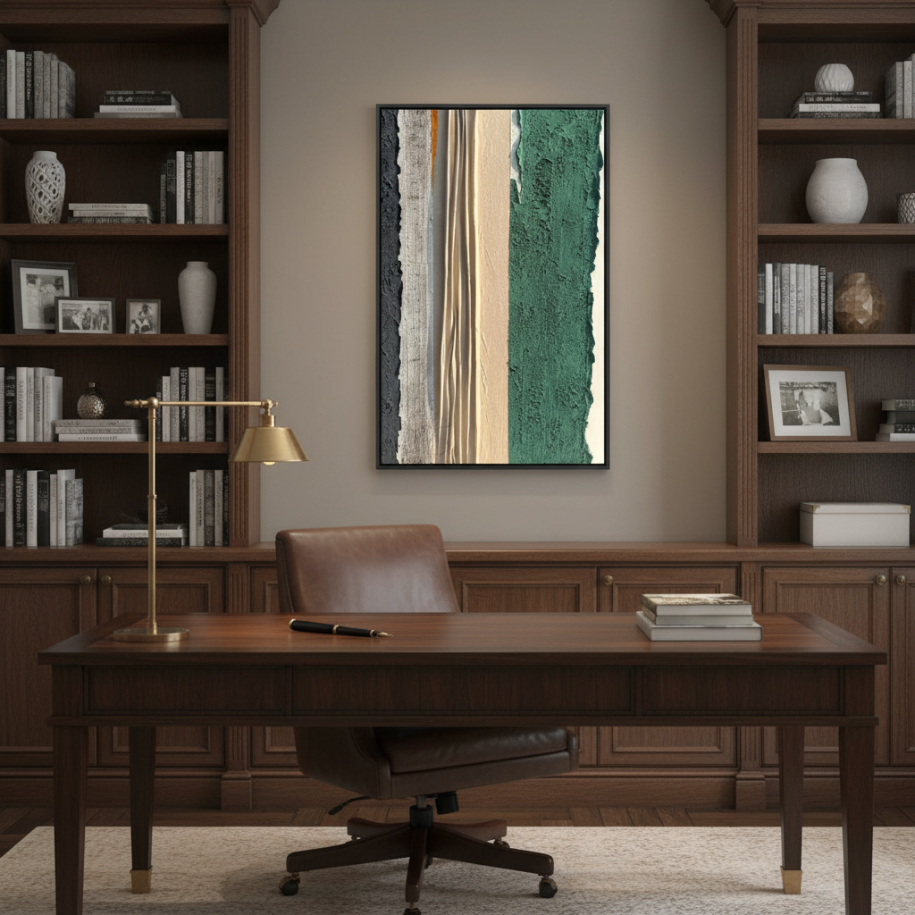Abstract vertical stripe oil painting in a sophisticated home office