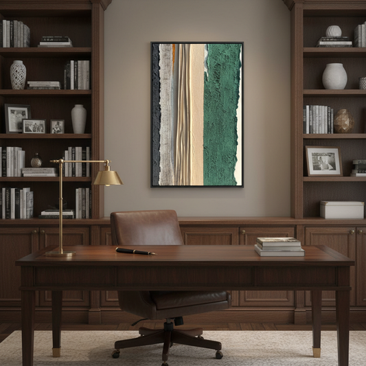 Abstract vertical stripe oil painting in a sophisticated home office