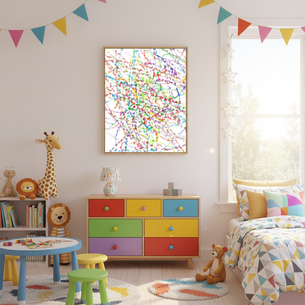 Multicolor drip splatter abstract oil painting in a playful children's bedroom
