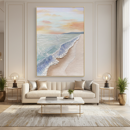 Sunset beach oil painting in a luxury modern living room
