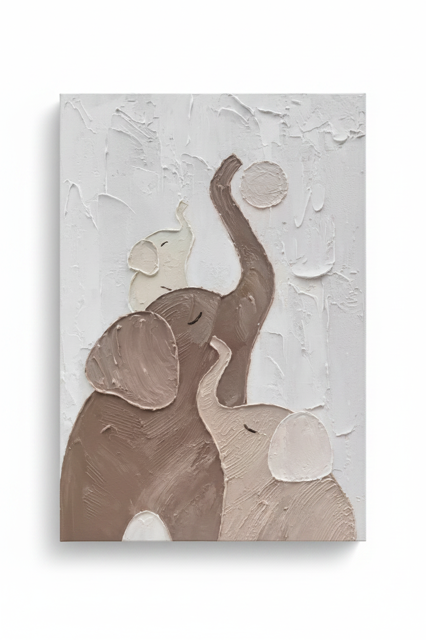 Mother elephant baby balancing ball impasto oil painting no frame white background