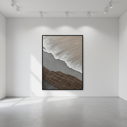 Grey wave oil painting in an art gallery