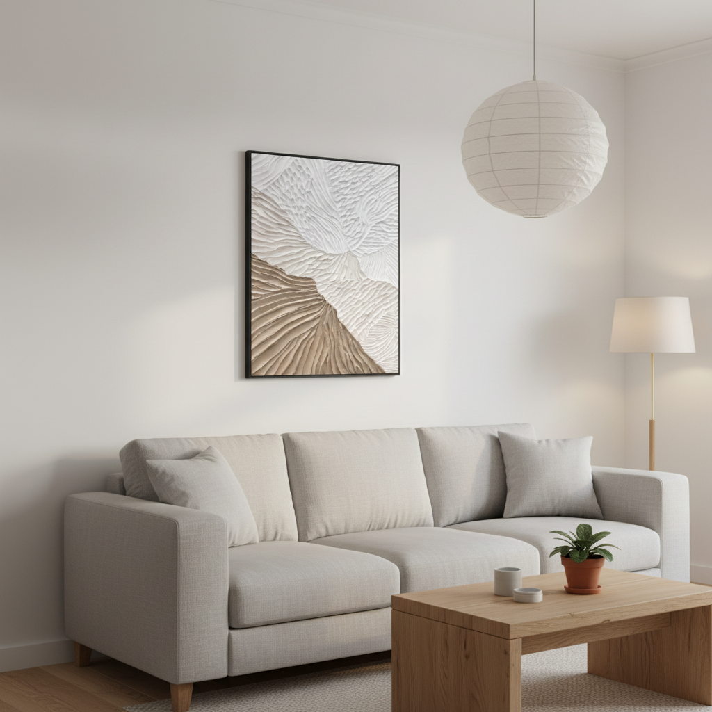 Abstract white sandy beige wave texture oil painting in a Scandinavian living room