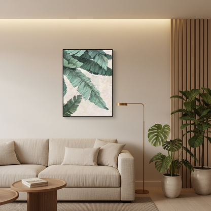 Tropical green banana palm leaf oil painting in a modern living room with tropical plants