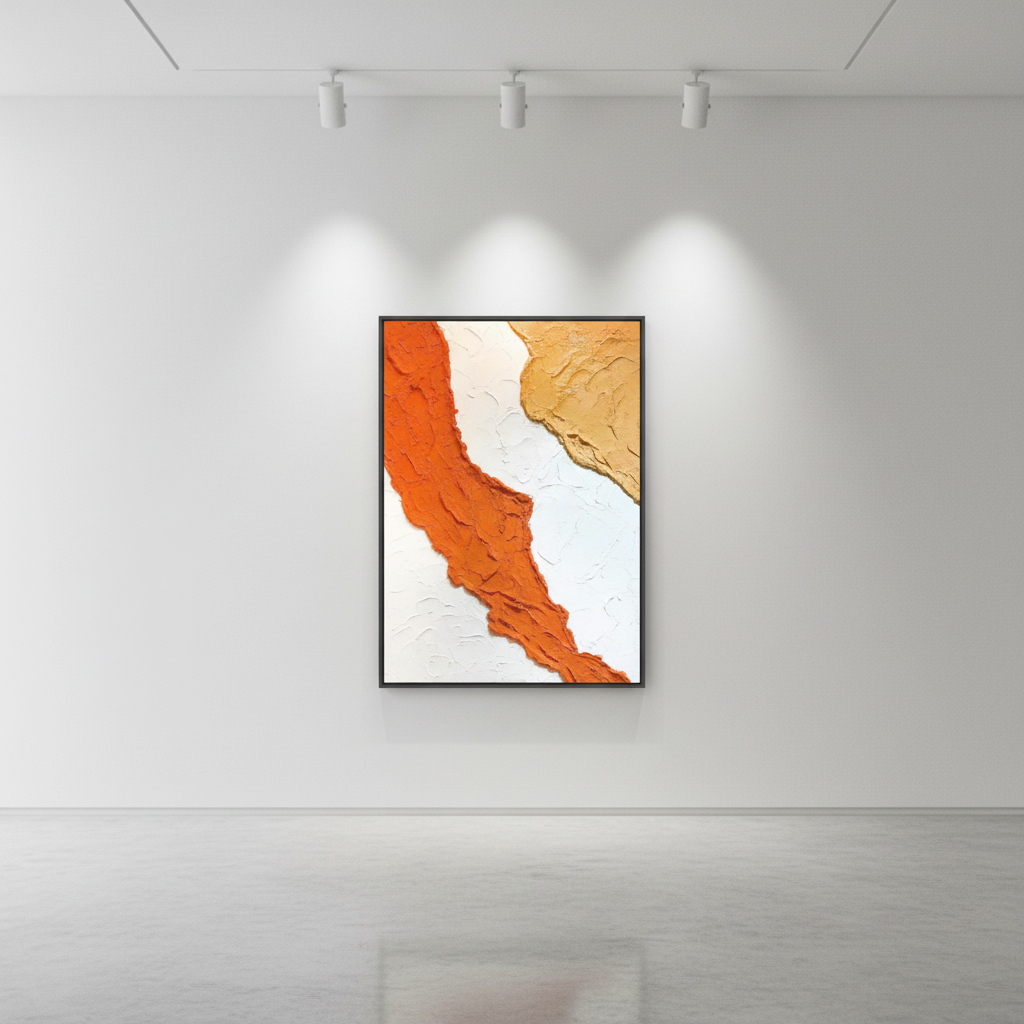 Abstract orange gold river oil painting in an art gallery