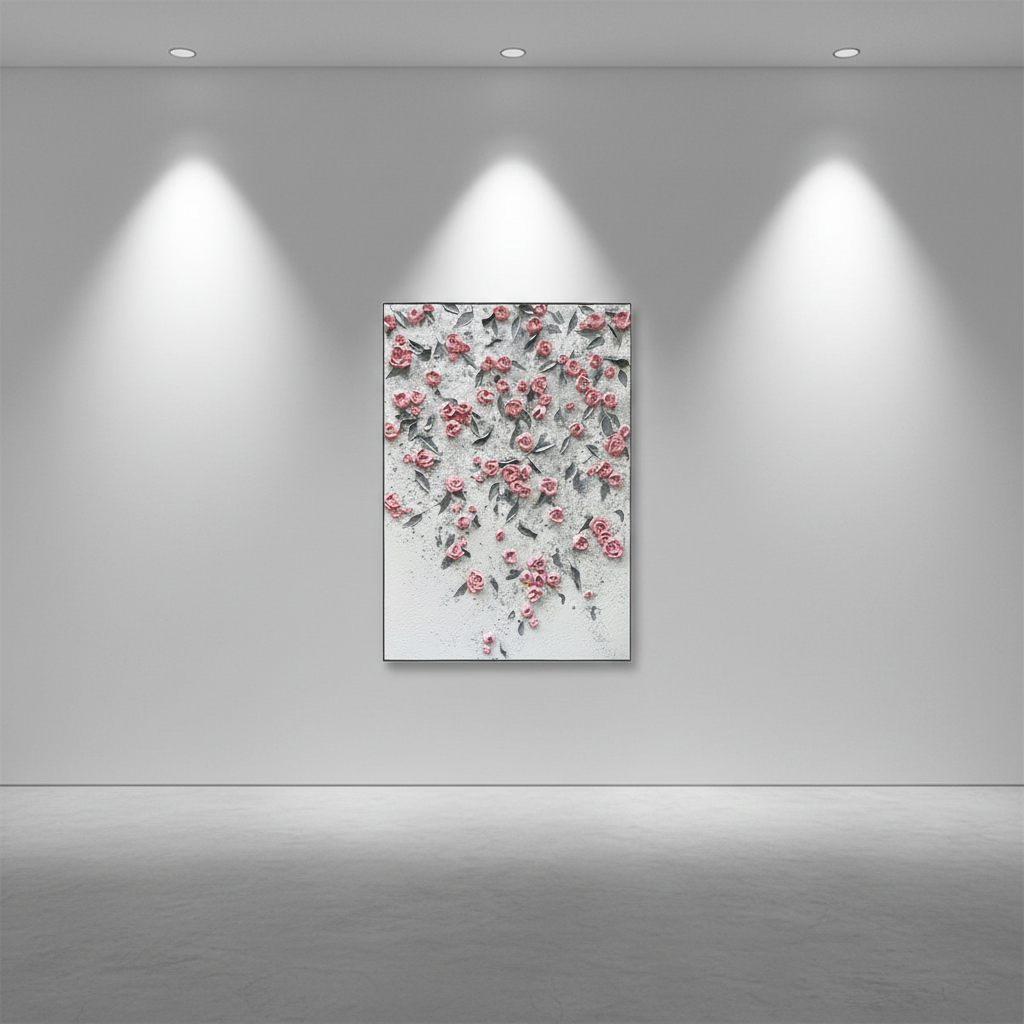 Pink rose floral wall oil painting in an art gallery