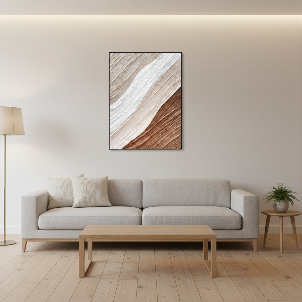 Abstract cream copper brown desert sand oil painting in a Scandinavian living room