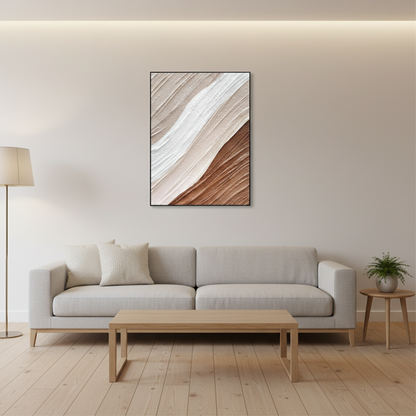 Abstract cream copper brown desert sand oil painting in a Scandinavian living room