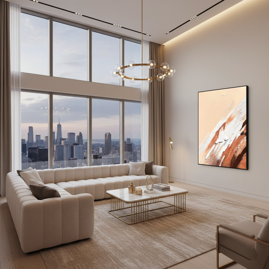 Abstract peach beige copper brushstroke oil painting in a luxury modern living room