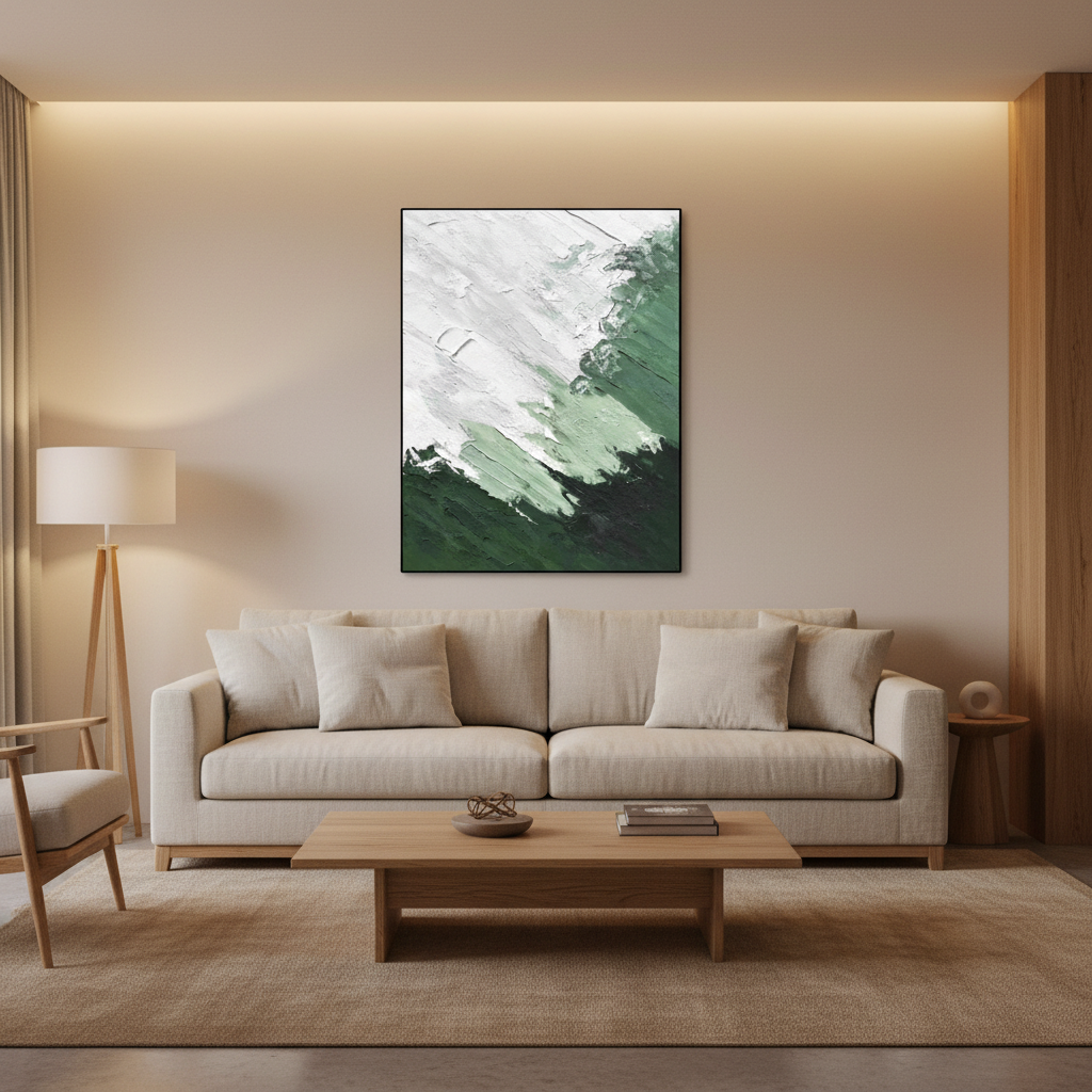 Abstract green white mountain mist oil painting in a warm modern living room
