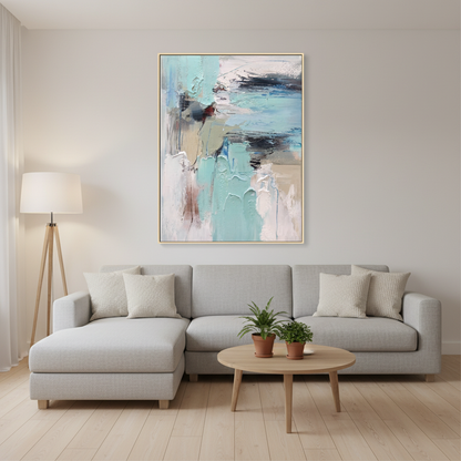 Abstract mint blue water reflection oil painting in a Scandinavian living room