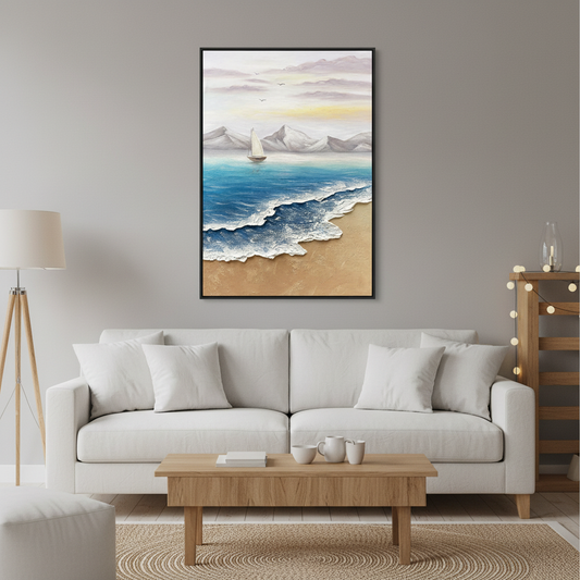 Sailboat seascape oil painting in a Scandinavian living room