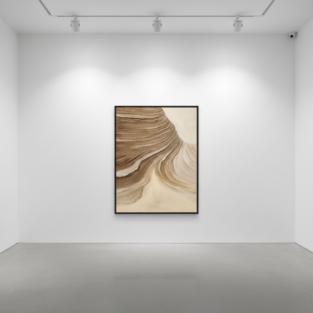 Abstract brown cream twin mesa strata oil painting in an art gallery