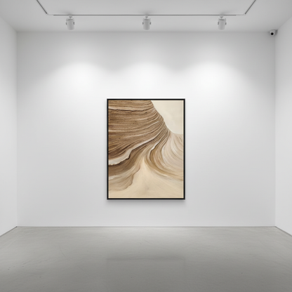 Abstract brown cream twin mesa strata oil painting in an art gallery