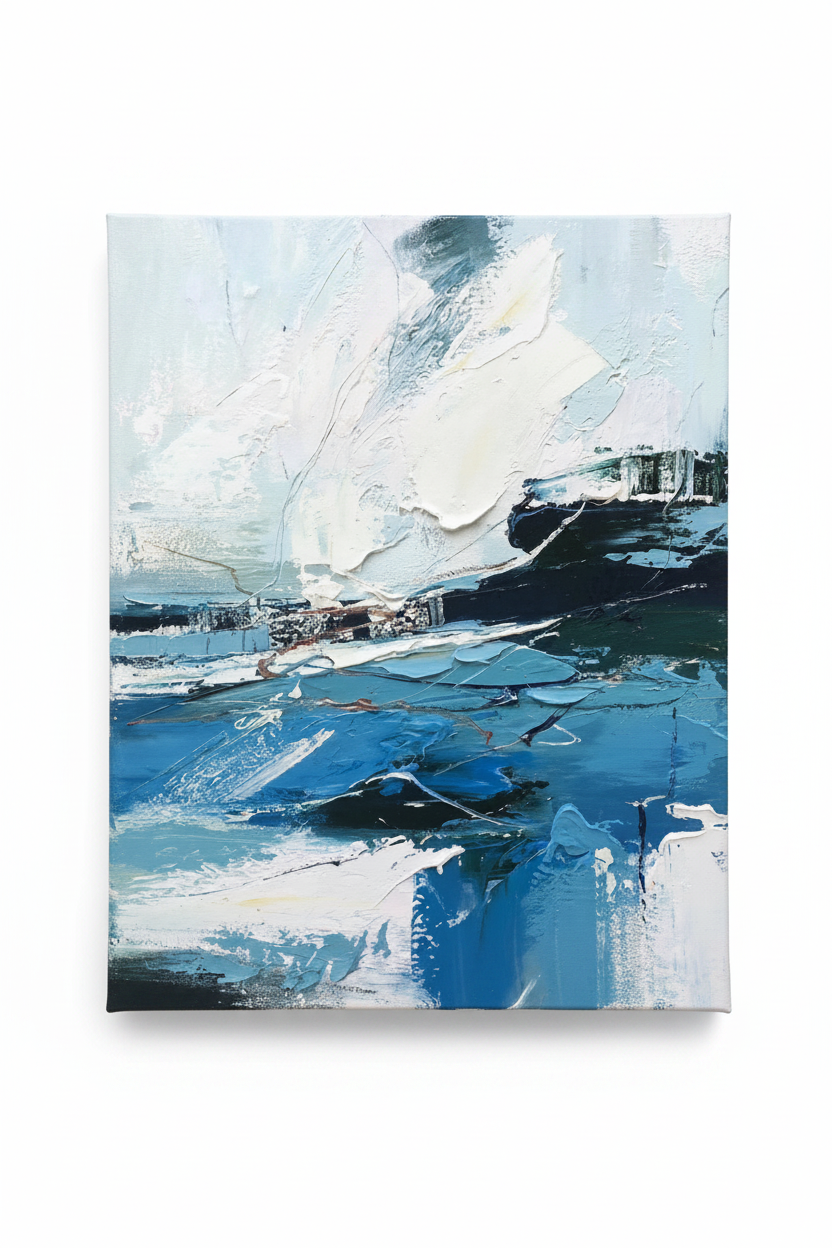 Abstract blue white black stormy seascape impasto oil painting no frame white background
