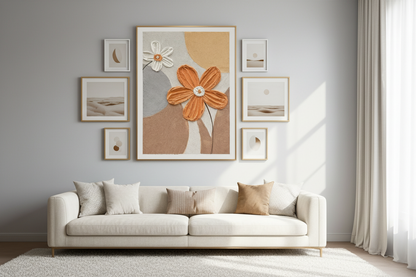 Hand-painted floral oil painting displayed in a luxurious modern living room
