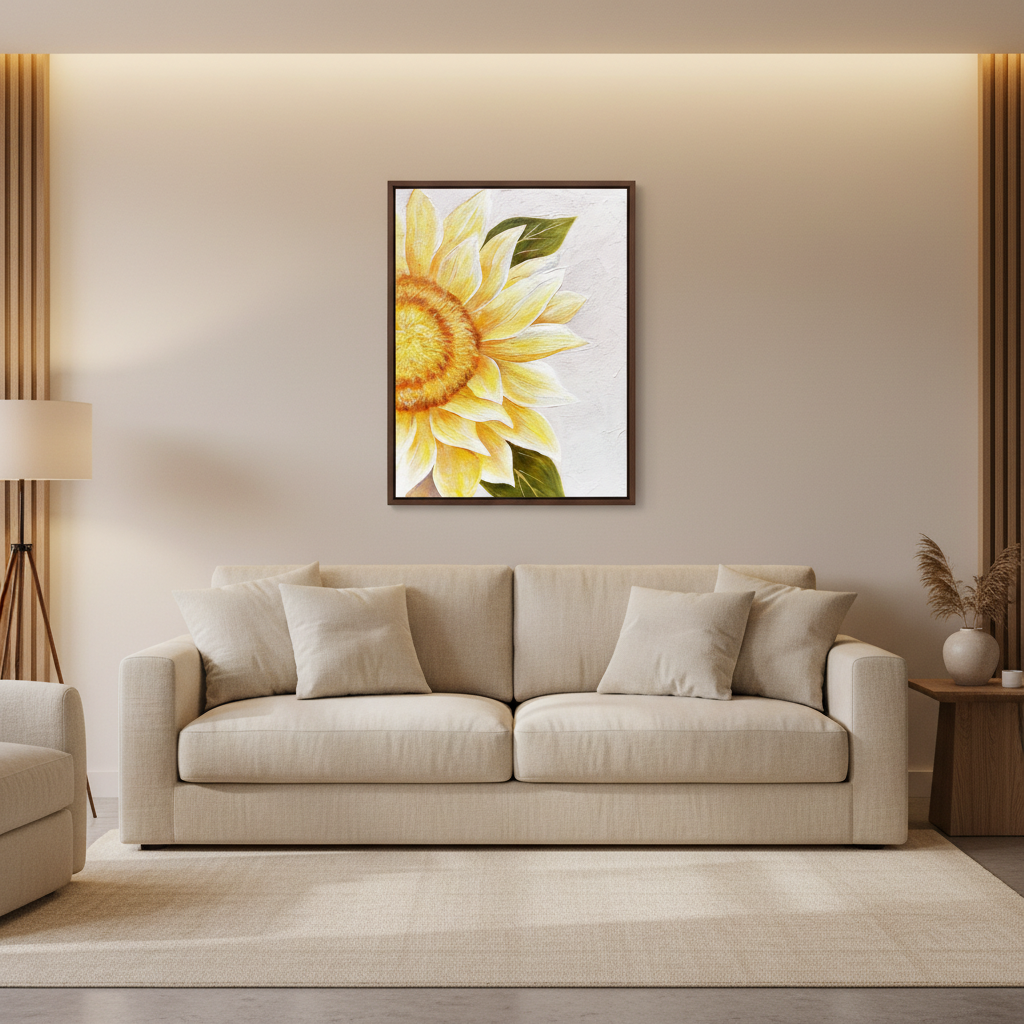 Lemon yellow sunflower oil painting in a warm modern living room