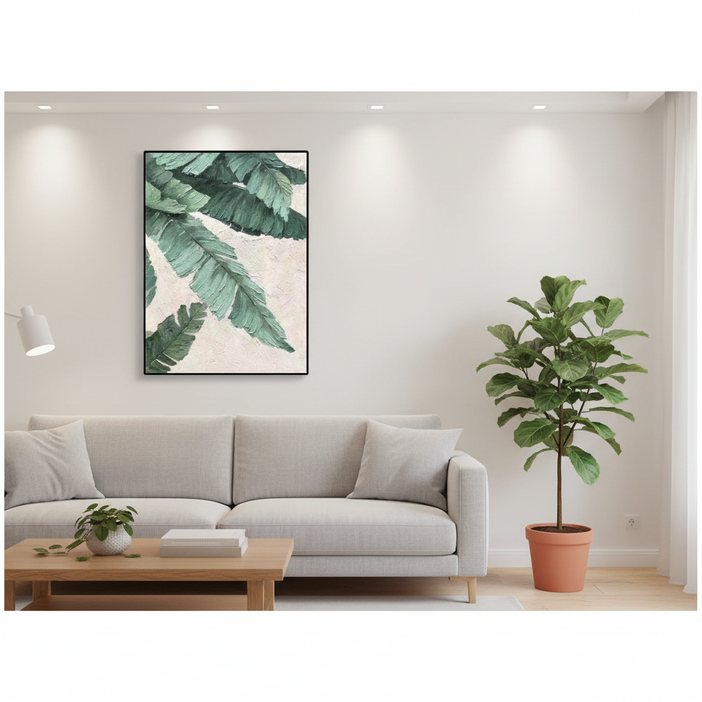 Tropical green banana palm leaf oil painting in a Scandinavian living room