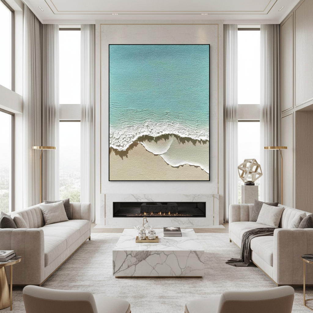 Turquoise ocean oil painting in a luxury modern living room