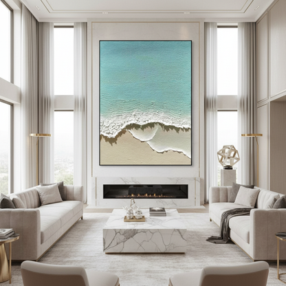 Turquoise ocean oil painting in a luxury modern living room